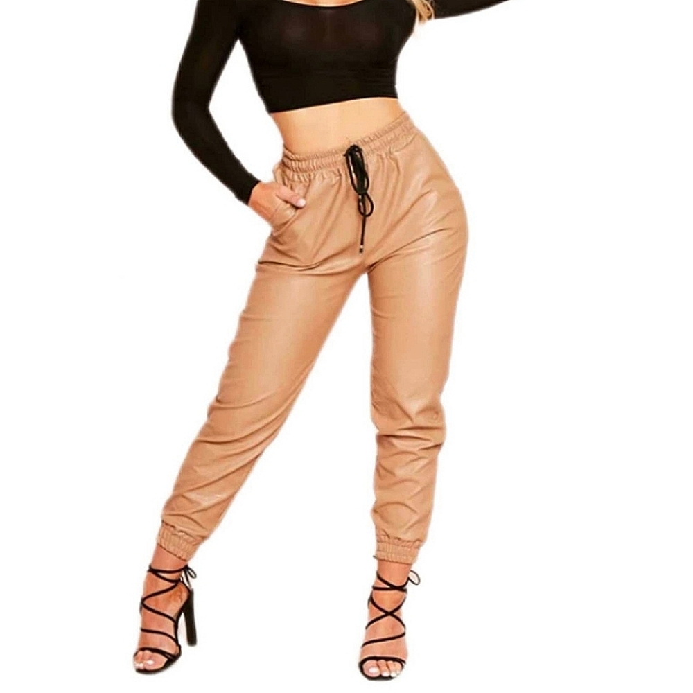 New Collection Women's Camel Faux Leather Ankle Joggers Size XSmall